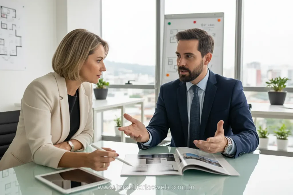Corretor profissional explicando cláusulas contratuais ao cliente.